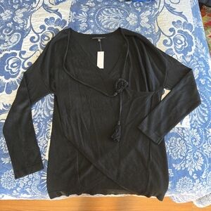 White House Black Market Cashmere Blend Black V-Neck Tassel Wrap Sweater